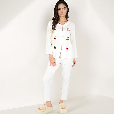 Women's Cherry Embroidered Pajama Set with Button Front Top and Lightweight Relaxed Fit Pants