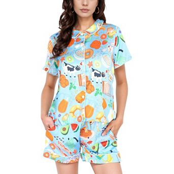 Women's Breakfast Print Pajama Set with Button-Up Top and Elastic Waist Shorts Two-Piece Sleepwear