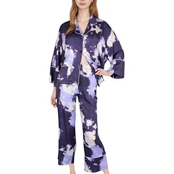 Women's Satin Pajama Set with Cloud Print Long Sleeve Button Top and Wide Leg Pants