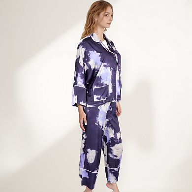 Women's Satin Pajama Set with Cloud Print Long Sleeve Button Top and Wide Leg Pants