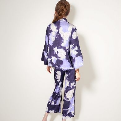 Women's Satin Pajama Set with Cloud Print Long Sleeve Button Top and Wide Leg Pants