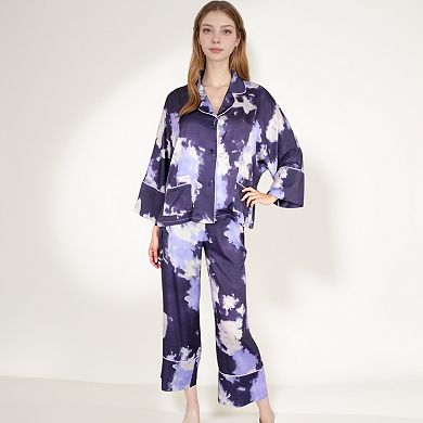 Women's Satin Pajama Set with Cloud Print Long Sleeve Button Top and Wide Leg Pants