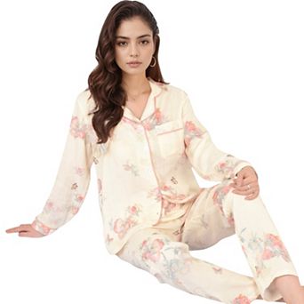 Women's Floral Butterfly Print Pajama Set with Button-Up Top Chest Pocket and Relaxed Fit Pants