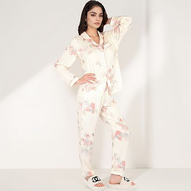 Women's Floral Butterfly Print Pajama Set with Button-Up Top Chest Pocket and Relaxed Fit Pants