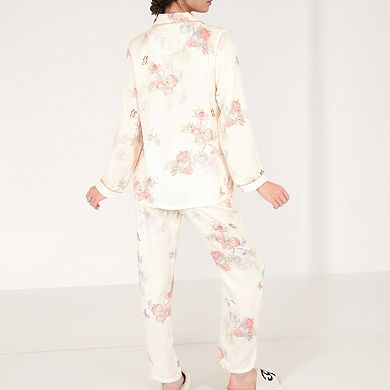 Women's Floral Butterfly Print Pajama Set with Button-Up Top Chest Pocket and Relaxed Fit Pants