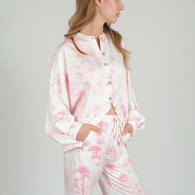 Women's Toile Print Button Up Pajama Set with Long Sleeve Top and Elastic Waist Drawstring Pants