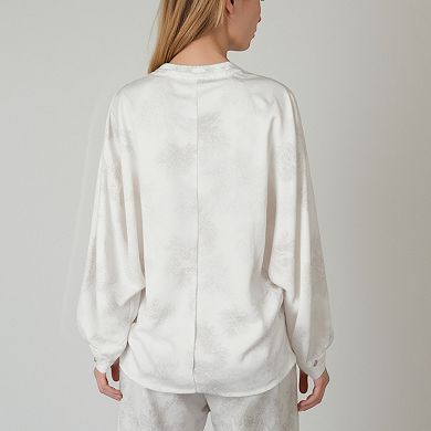 Women's Toile Print Button Up Pajama Set with Long Sleeve Top and Elastic Waist Drawstring Pants
