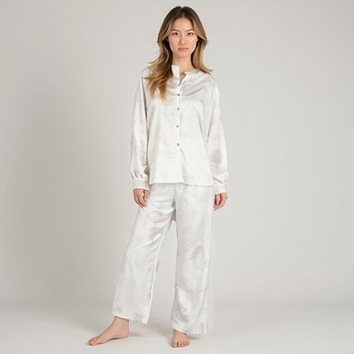 Women's Toile Print Button Up Pajama Set with Long Sleeve Top and Elastic Waist Drawstring Pants