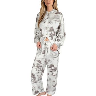 Women's Toile Print Button Up Pajama Set with Long Sleeve Top and Elastic Waist Drawstring Pants
