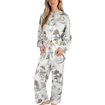 Women's Toile Print Button Up Pajama Set with Long Sleeve Top and Elastic Waist Drawstring Pants