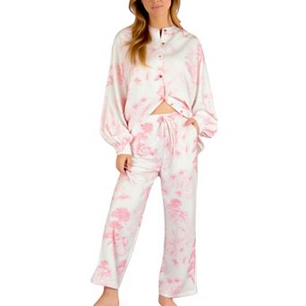 Women's Toile Print Button Up Pajama Set with Long Sleeve Top and Elastic Waist Drawstring Pants