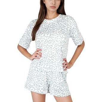 Women's Leopard Print Short Sleeve Sleepwear Set with Crew Neck Top and Matching Shorts