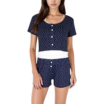 Women's Short Sleeve Sleepwear Set with Mini Bow Print and Decorative Button Details