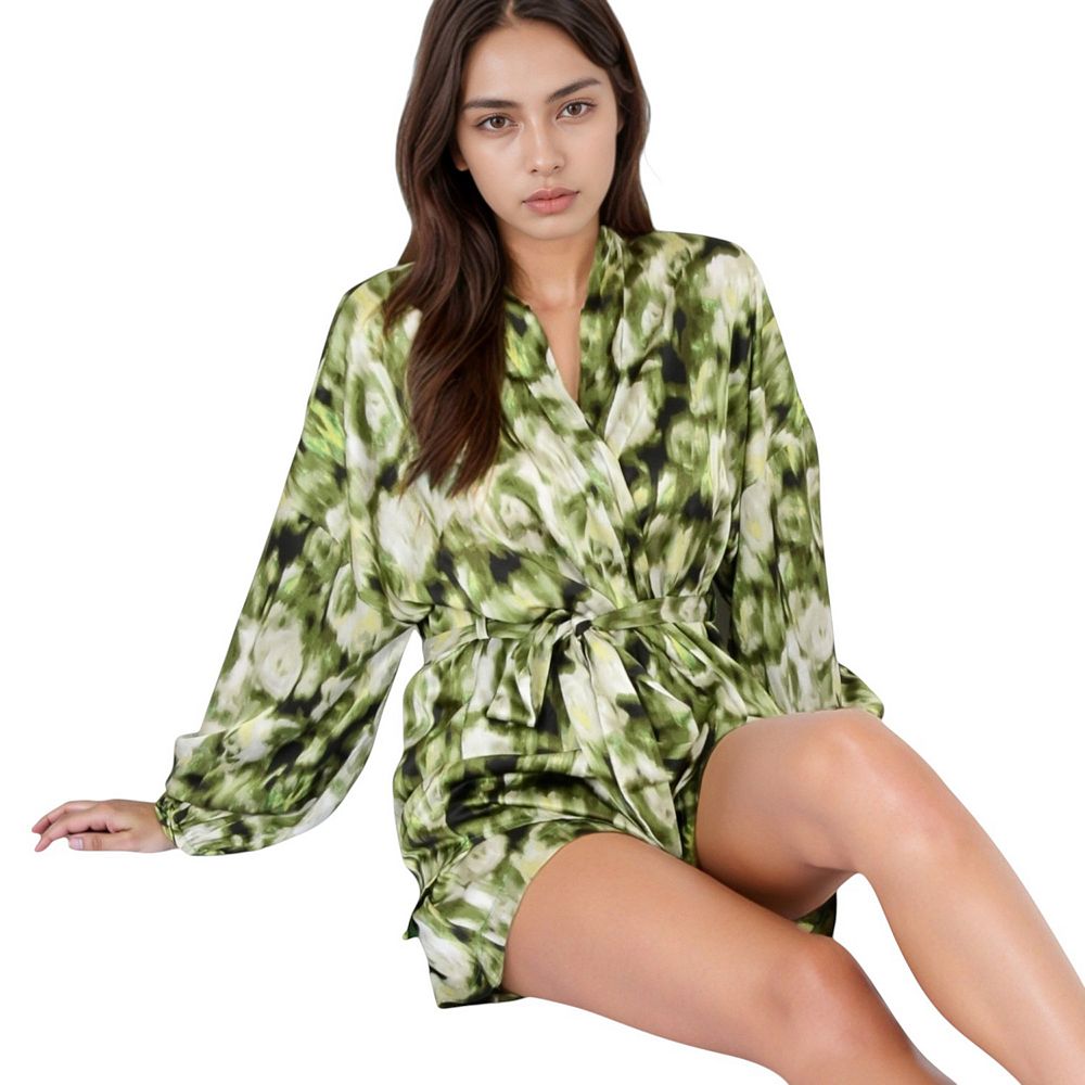 Women's Printed Satin Robe with Tie Waist and Flowing Sleeves