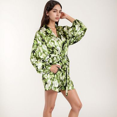 Women's Printed Satin Robe with Tie Waist and Flowing Sleeves