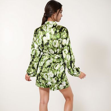 Women's Printed Satin Robe with Tie Waist and Flowing Sleeves