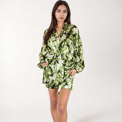 Women's Printed Satin Robe with Tie Waist and Flowing Sleeves