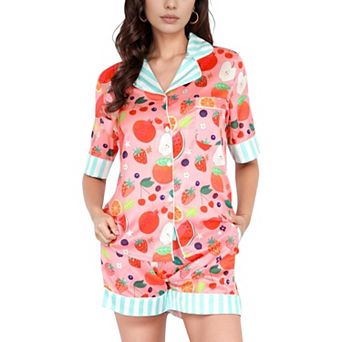 Women's Colorful Fruit Print Pajama Set with Short Sleeve Button-Up Top and Striped Trim Shorts