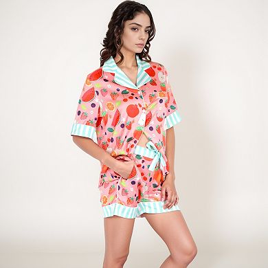 Women's Colorful Fruit Print Pajama Set with Short Sleeve Button-Up Top and Striped Trim Shorts