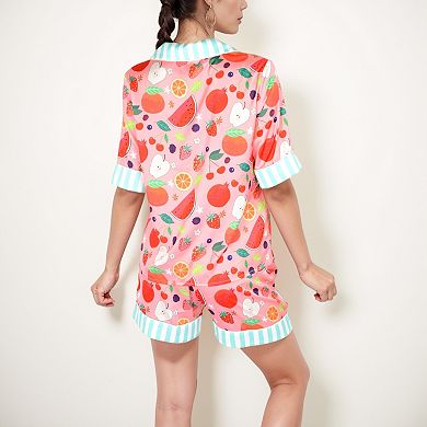 Women's Colorful Fruit Print Pajama Set with Short Sleeve Button-Up Top and Striped Trim Shorts