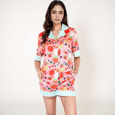 Women's Colorful Fruit Print Pajama Set with Short Sleeve Button-Up Top and Striped Trim Shorts