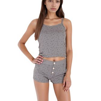 Women's Printed Ribbed Sleepwear Set with Spaghetti Strap Tank Top and Button-Front Shorts