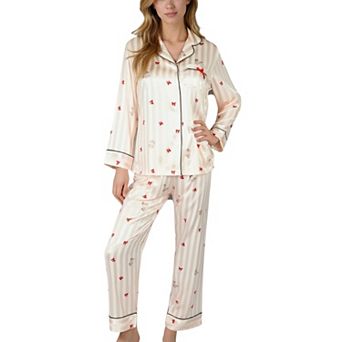 Women's Satin Pajama Set with Striped Print Contrast Trim and Long Sleeve Button-Up Top