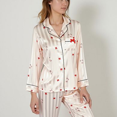 Women's Satin Pajama Set with Striped Print Contrast Trim and Long Sleeve Button-Up Top