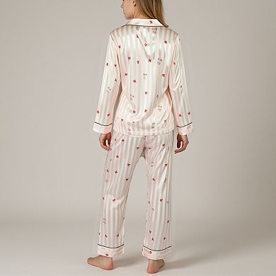 Women's Satin Pajama Set with Striped Print Contrast Trim and Long Sleeve Button-Up Top