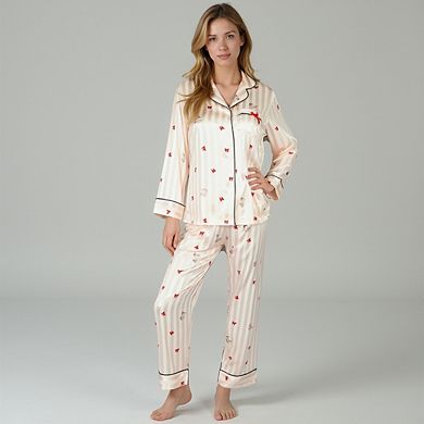 Women's Satin Pajama Set with Striped Print Contrast Trim and Long Sleeve Button-Up Top