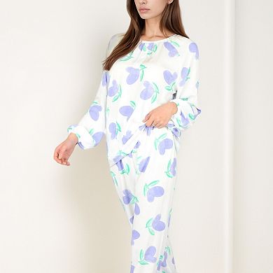 Women's Blue Fruit Print Long Sleeve Pajama Set with Elastic Cuffs and Relaxed Fit Pullover Top