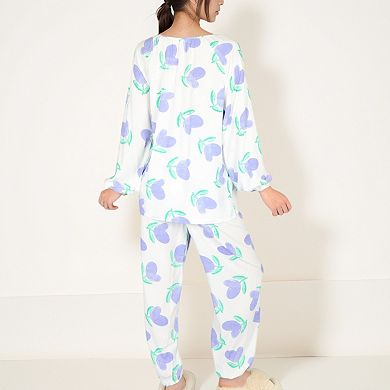 Women's Blue Fruit Print Long Sleeve Pajama Set with Elastic Cuffs and Relaxed Fit Pullover Top