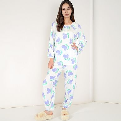 Women's Blue Fruit Print Long Sleeve Pajama Set with Elastic Cuffs and Relaxed Fit Pullover Top