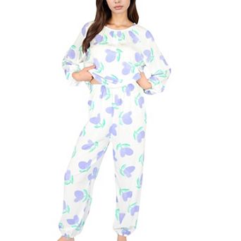 Women's Blue Fruit Print Long Sleeve Pajama Set with Elastic Cuffs and Relaxed Fit Pullover Top
