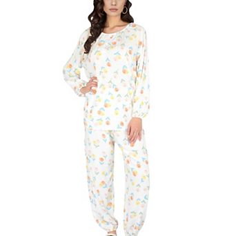 Women's Blue Fruit Print Long Sleeve Pajama Set with Elastic Cuffs and Relaxed Fit Pullover Top