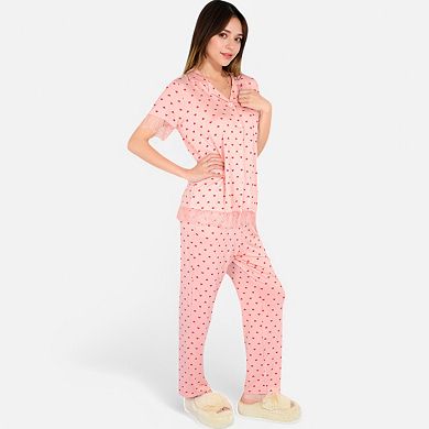 Women's Polka Dot Short Sleeve Button-Up Pajama Set with Pocket Detail