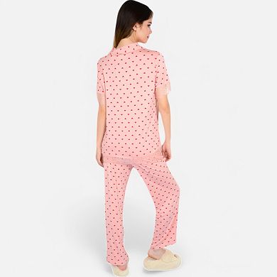 Women's Polka Dot Short Sleeve Button-Up Pajama Set with Pocket Detail