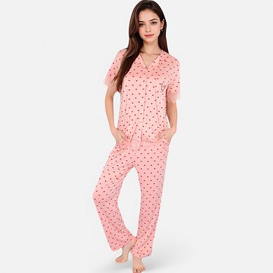 Women's Polka Dot Short Sleeve Button-Up Pajama Set with Pocket Detail