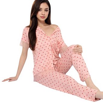 Women's Polka Dot Short Sleeve Button-Up Pajama Set with Pocket Detail