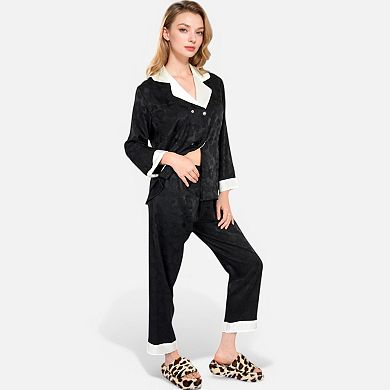 Women's Satin Pajama Set with Contrast Trim and Button-Up Top