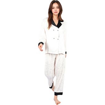 Women's Satin Pajama Set with Contrast Trim and Button-Up Top