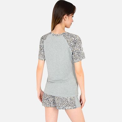 Women's Leopard Print Short Sleeve Pajama Set with Drawstring Shorts