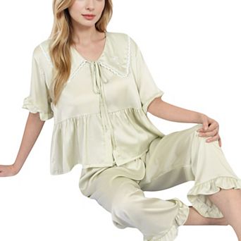 Women's Embroidered Collar Pajama Set with Ruffle Trim and Button-Up Top