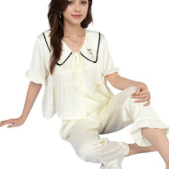 Women's Embroidered Collar Pajama Set with Ruffle Trim and Button-Up Top