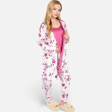 Women's Floral Print 3-Piece Pajama Set with Long Cardigan and Elastic Waist Pants