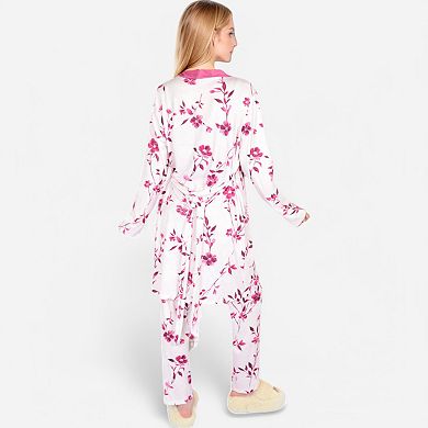 Women's Floral Print 3-Piece Pajama Set with Long Cardigan and Elastic Waist Pants