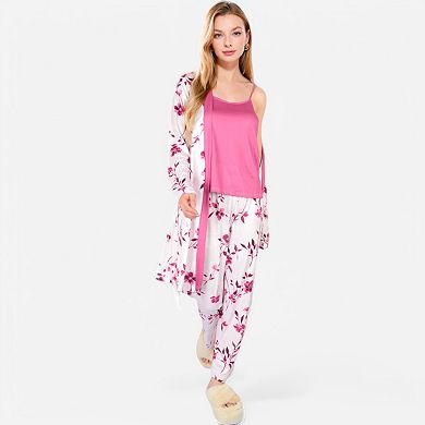 Women's Floral Print 3-Piece Pajama Set with Long Cardigan and Elastic Waist Pants