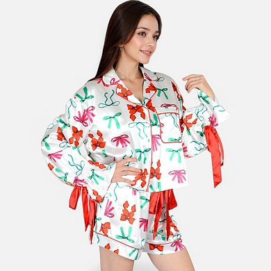 Women's Holiday Bow Print Pajama Set with Ribbon Tie Details and Button-Up Top