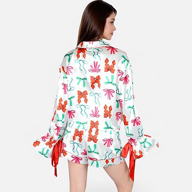 Women's Holiday Bow Print Pajama Set with Ribbon Tie Details and Button-Up Top