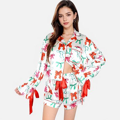 Women's Holiday Bow Print Pajama Set with Ribbon Tie Details and Button-Up Top